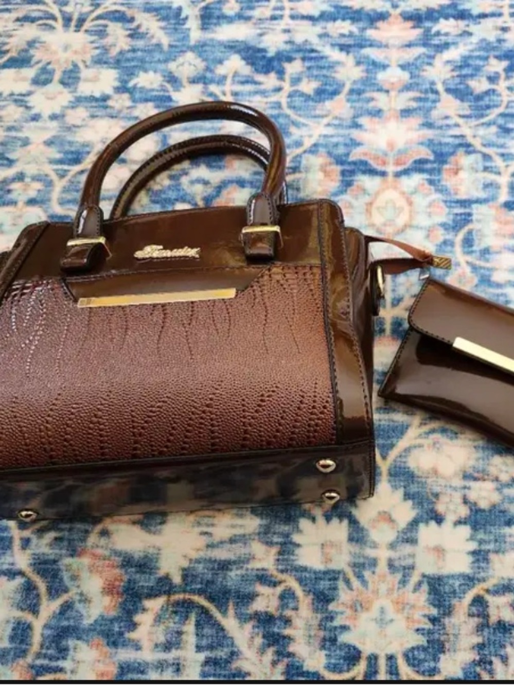 Brown Faux Leather Structured Satchel Handbag with Matching Wallet